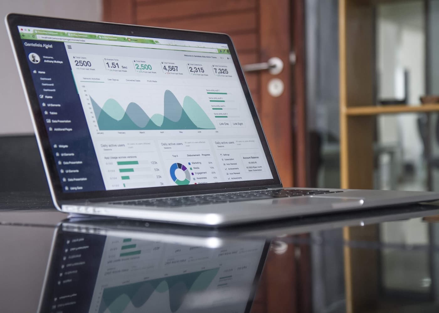 Laptop mit Diagrammen – Sinnbild für digitale Abläufe, Buchungen und Kundenfunktionen
